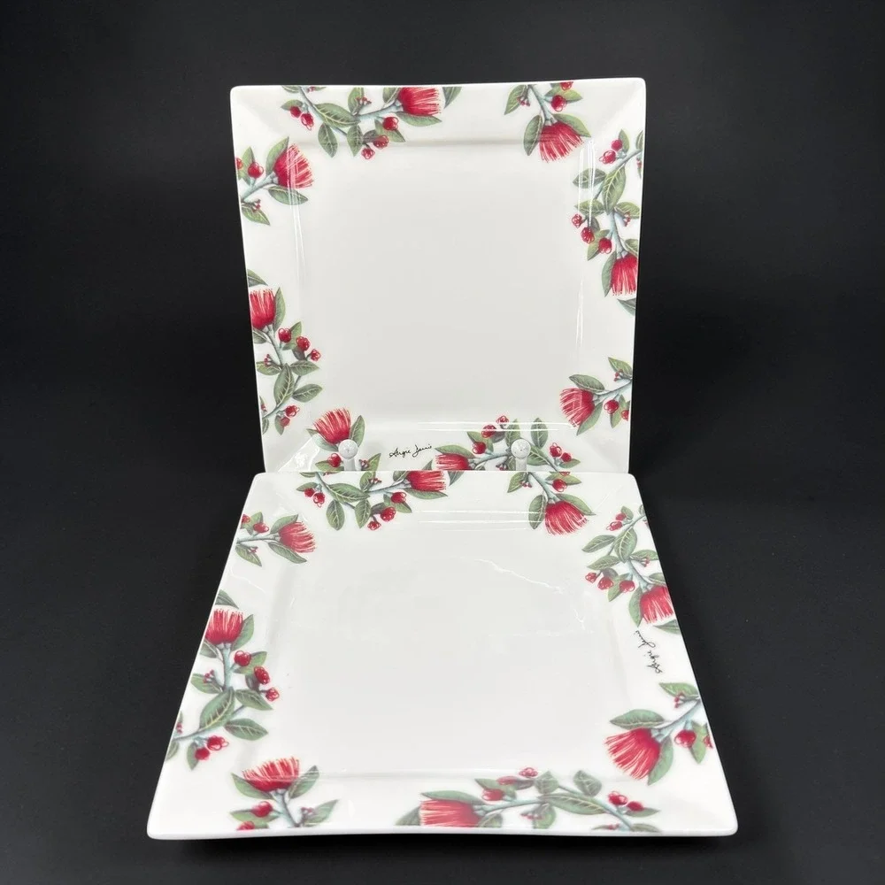 Angie Dennis Intuition Square Plates Set of 2 Red Pohutukawa‎ New Zealand Floral